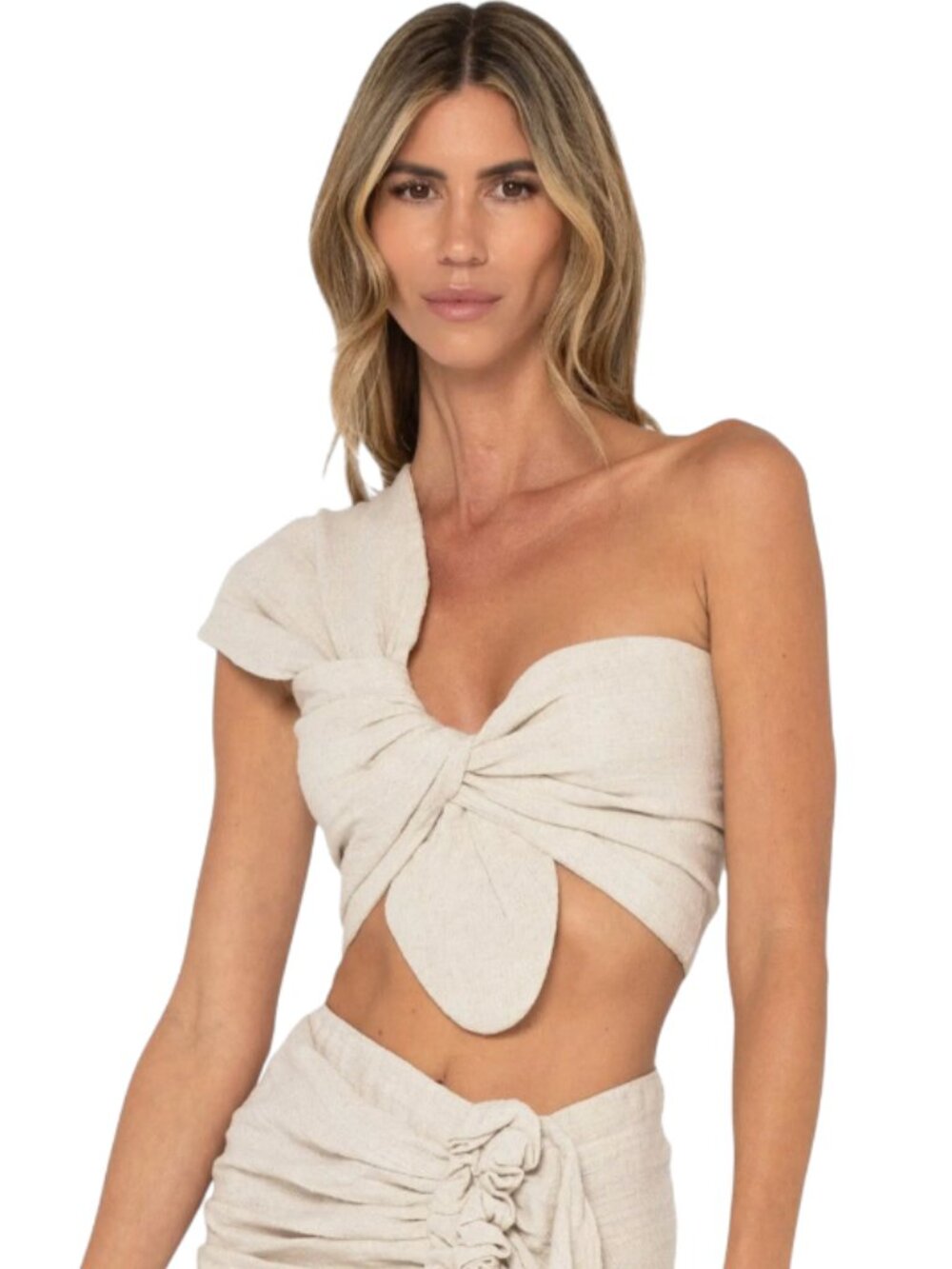 JBQ Just Bee Queen Sol Top Shirt Womens Medium Oatmeal Crop Linen One Shoulder